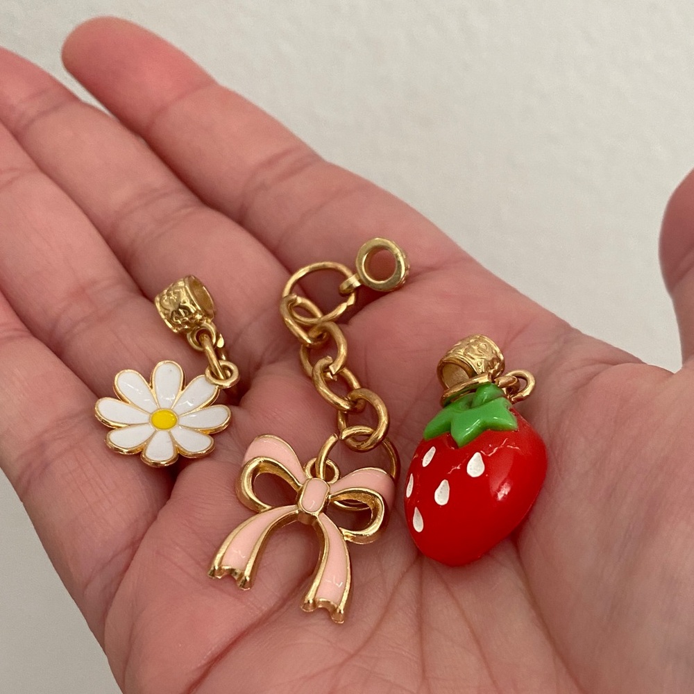Charming Gold Bracelet with Red Strawberry and Pink Bow